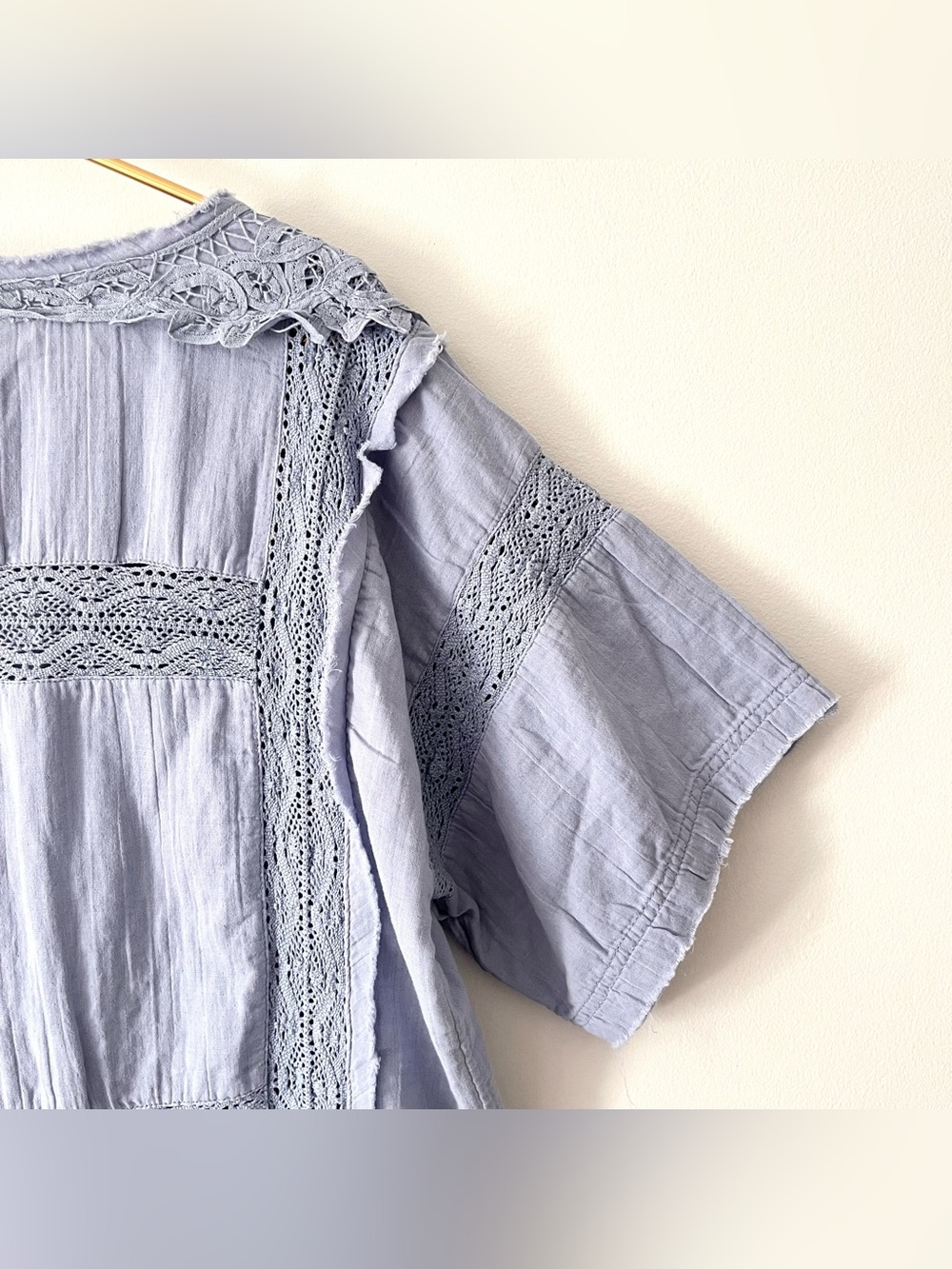 We the Free Rustic  Romance Boho Short Sleeve Lace Top in Dusty Blue Oversized M - Picture 14 of 15